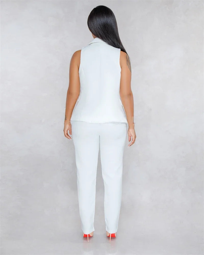 Women's Office Lady Two Piece Elegant Sleeveless Blazer And Pencil Pant Suit Set