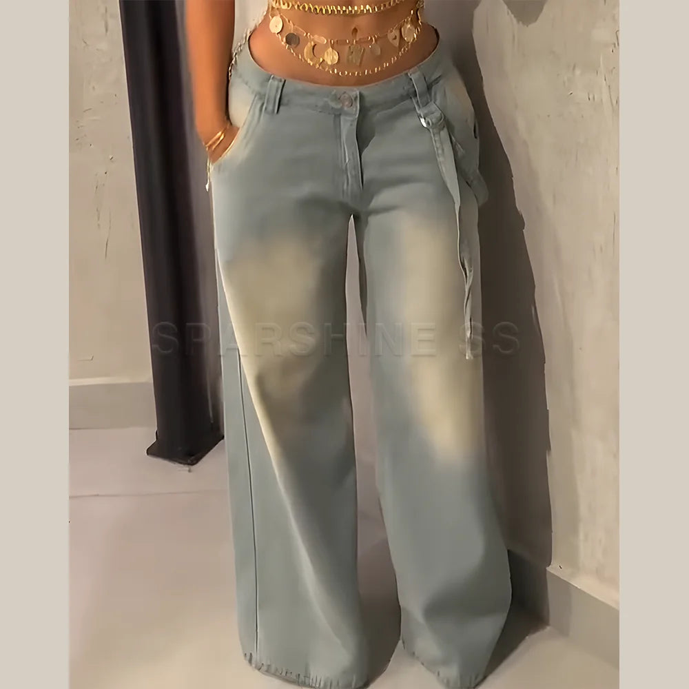 Women Straight Pants Vintage Washed Mid Waist Loose Fit Wide Leg Denim Long Pants