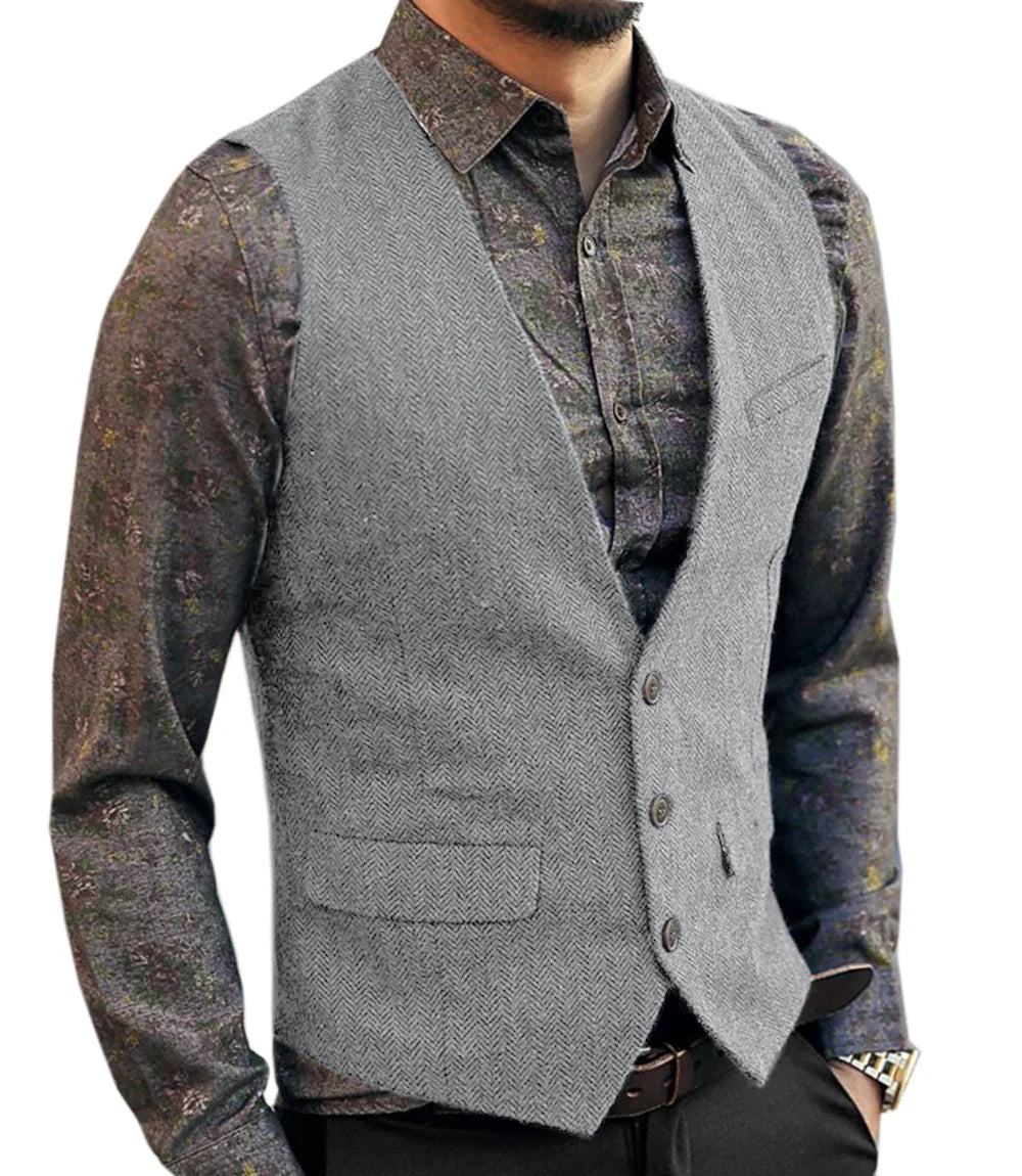 Men's Casual Classic Suit Vest V Neck Herringbone Tweed Slim Fit Business Waistcoat For Wedding