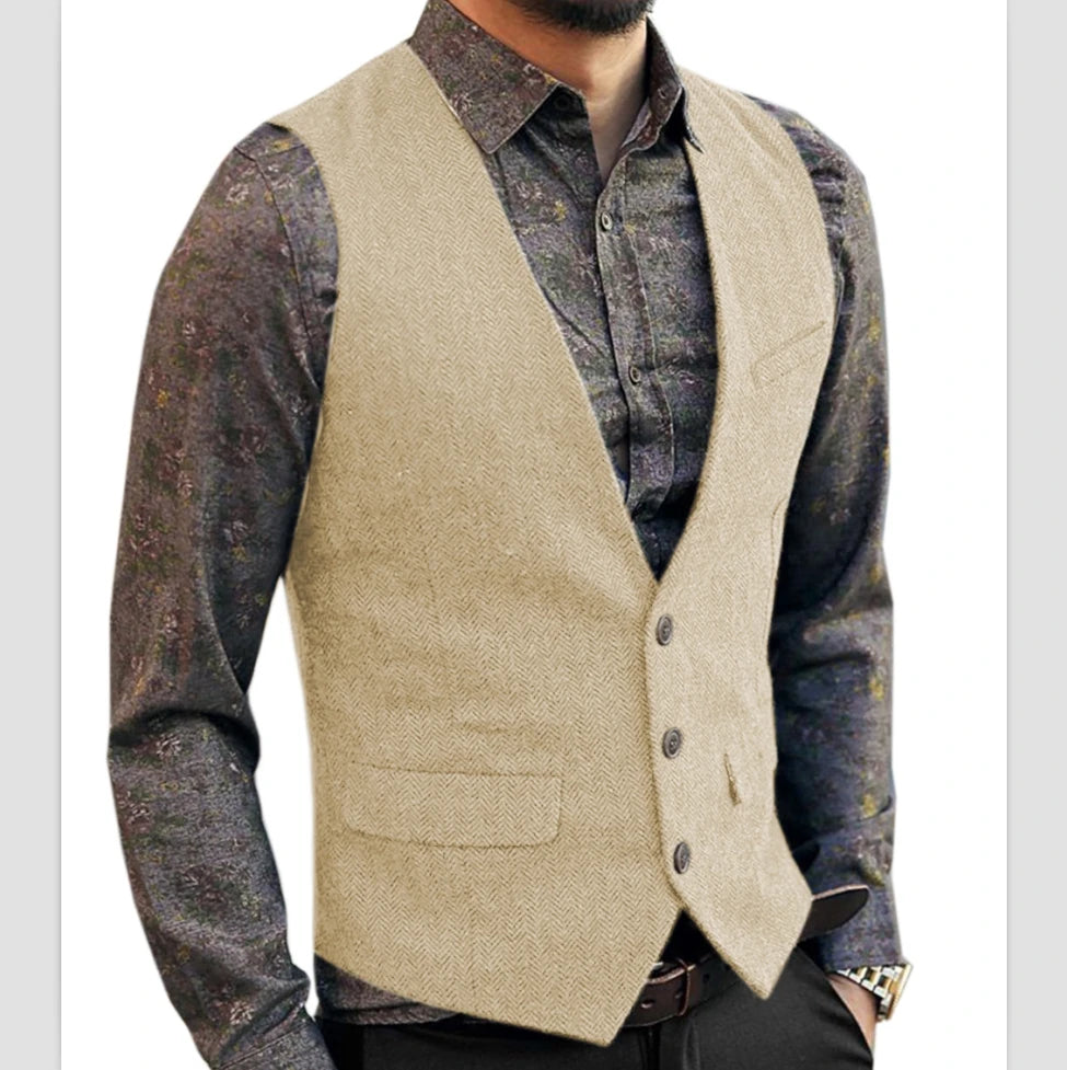 Men's Casual Classic Suit Vest V Neck Herringbone Tweed Slim Fit Business Waistcoat For Wedding