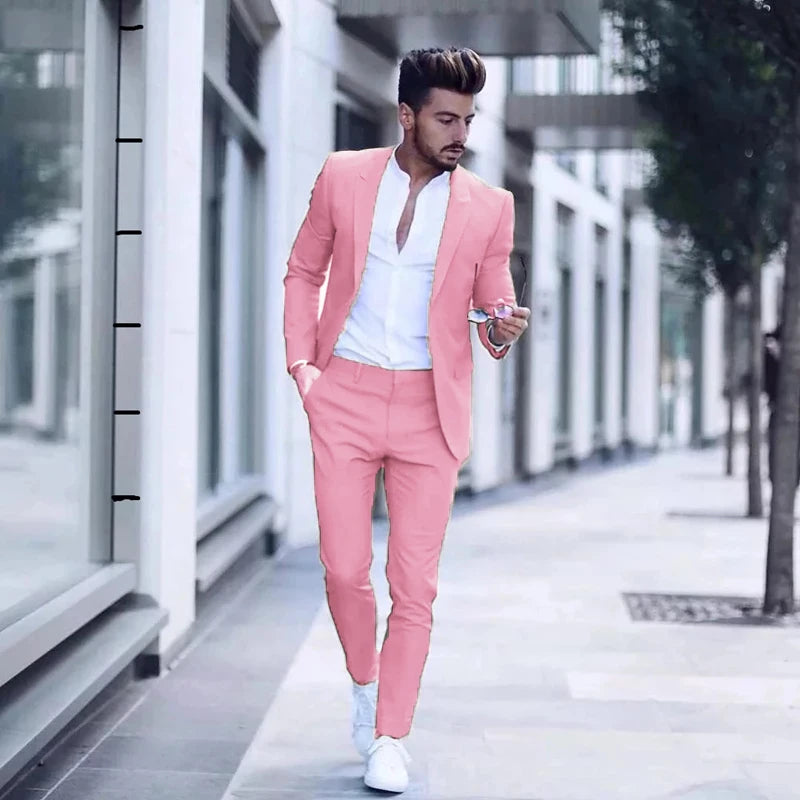 Men's Casual 2 Piece Business Suit Slim Fit Peak Lapel
