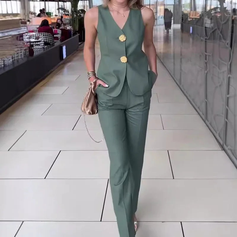 V Neck Sleeveless Vest Pants Office Suits, Women Buttons Elegant Outfit, Vintage Wide Leg Pants Ladies Sets